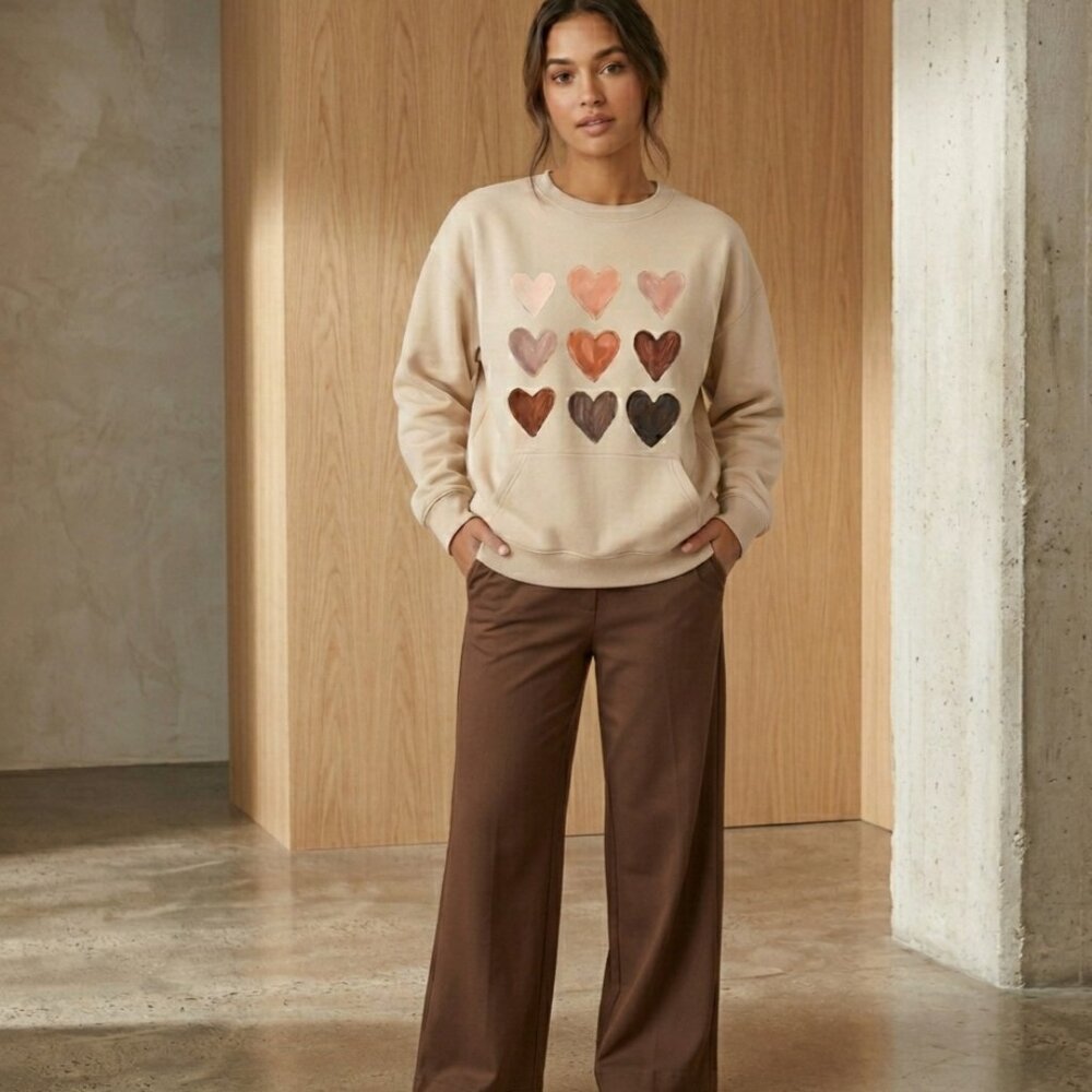 EUC Neutral Earth Tone Painted Hearts Graphic Sweatshirt XL